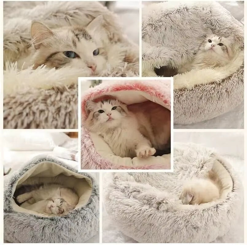 Plush Hooded Pet Bed round Fluffy Soft Cat Bed Pet Cushion Warm Cat Dog 2 in 1 Sleeping Nest Cave for Small Dogs