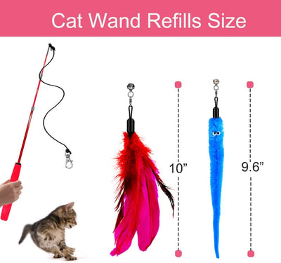 Cat Toy Wand, Retractable Cat Feather Toys and Replacement Refills with Bells, Interactive Cat Toys for Cat Kitten Exercise