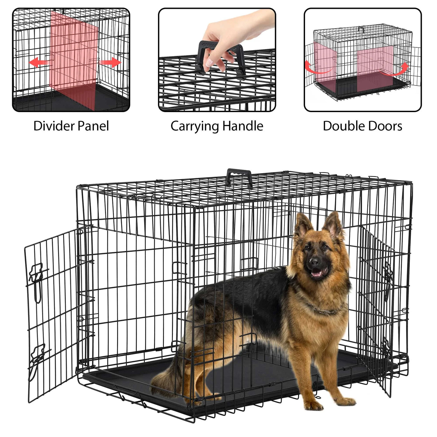 48 Inch Dog Crate, Dog Crates and Kennels for Big Dog Foldable Large Dog Crate for Large Dogs with Handle Double-Door Outdoor Metal Wire Dog Cage with Plastic Tray for Medium Dogs, Black